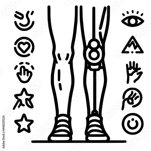 Vector outline illustration of legs, prosthesis and regular with prosthetic components, vector outline from one line