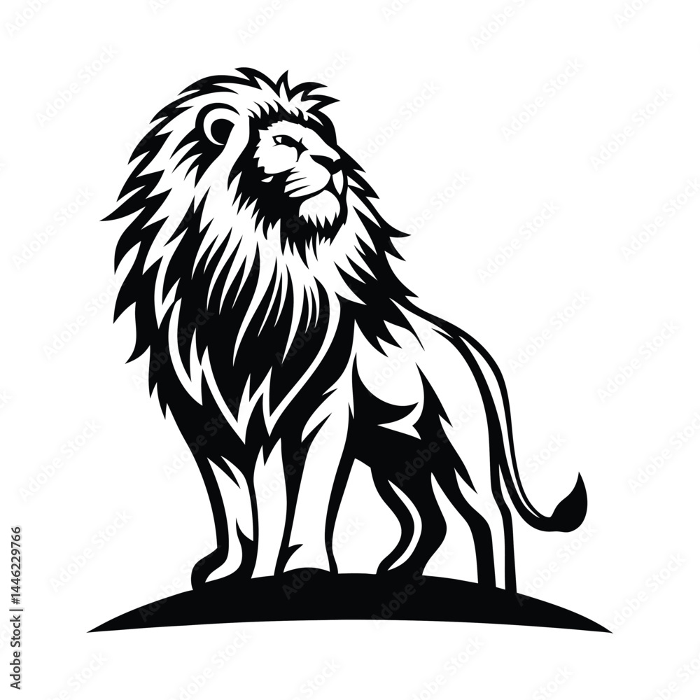 Obraz premium Lion Silhouette, Standing Proudly with a Dense Mane, Majestic Feline Black and White