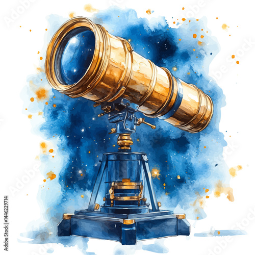 Telescope Aimed At A Glowing Nebula, vector watercolor illustration, isolated on a white background.