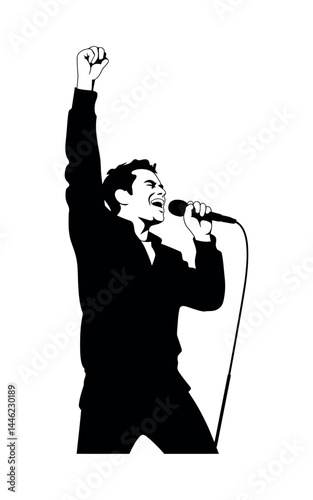 Silhouette of a man singing with microphone and raised fist, energetic male performer vector illustration on white background
