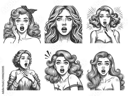 Surprised woman showing shock or excitement Set collection bundle sketch engraving generative ai vector illustration. Scratch board imitation. Black and white image.