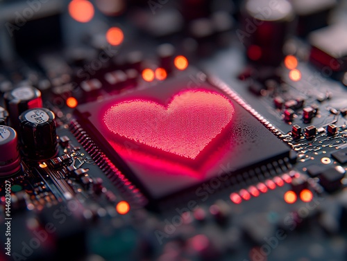 Glowing heart on circuit board