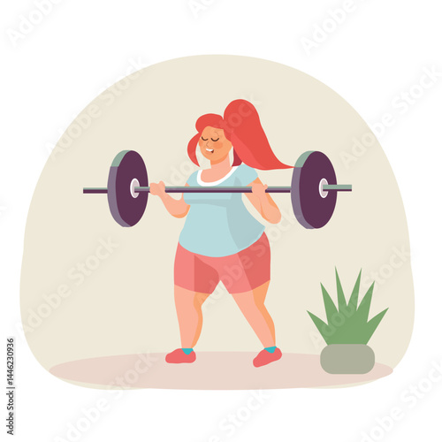  woman with red hair lifting weights flat vector illustration on white background