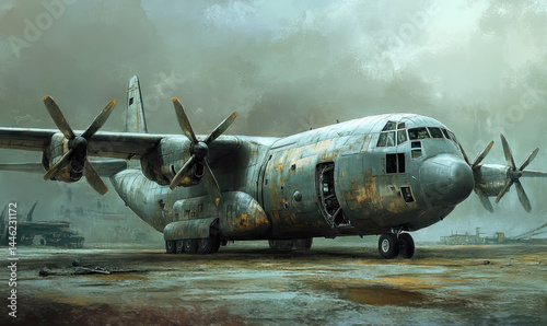 Distressed Military Transport Aircraft on a Desolate Landscape after War Scene for National Defense Transportation Day
