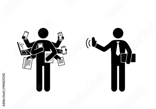 Businessman multitasking with gadgets and documents while another man waves on a white background