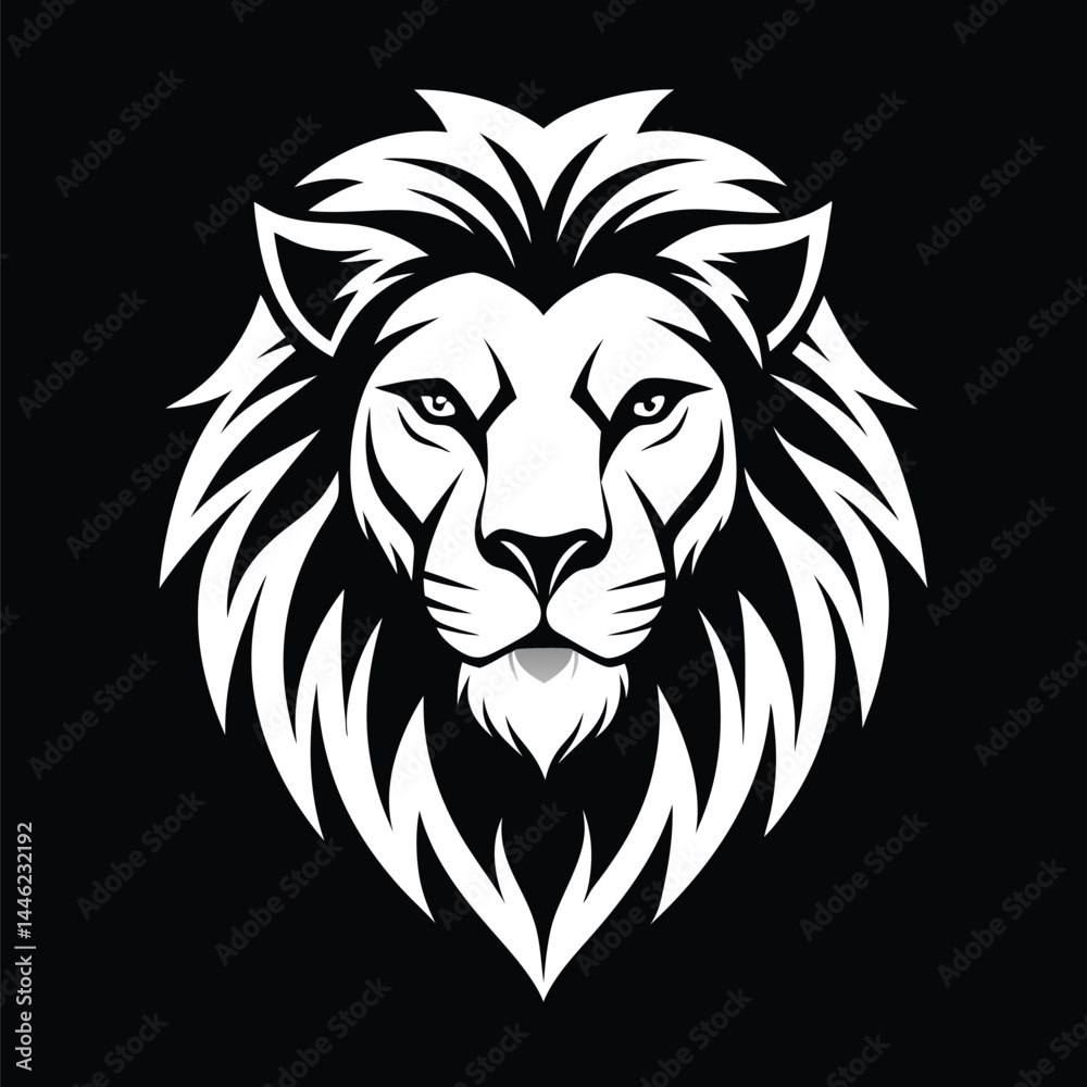 Obraz premium Lion Head Bold Silhouette, Black & White Feline, Majestic Mane, Power, Minimalist Art