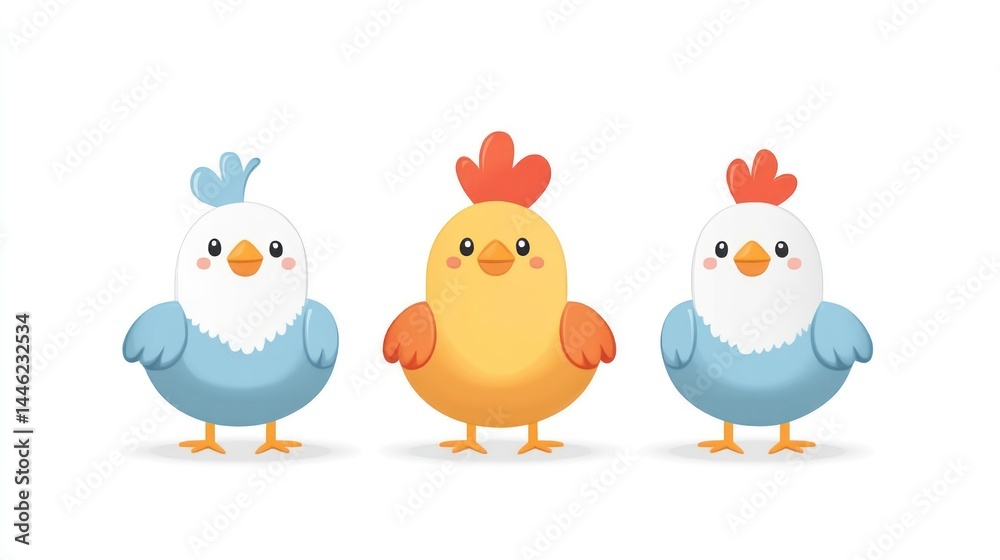 Cartoon Chickens with Colorful Feathers and Expressive Faces for Kids Design and Illustration Cartoon Chickens with Colorful Feathers and Expressive Faces for Kids Design and Illustration