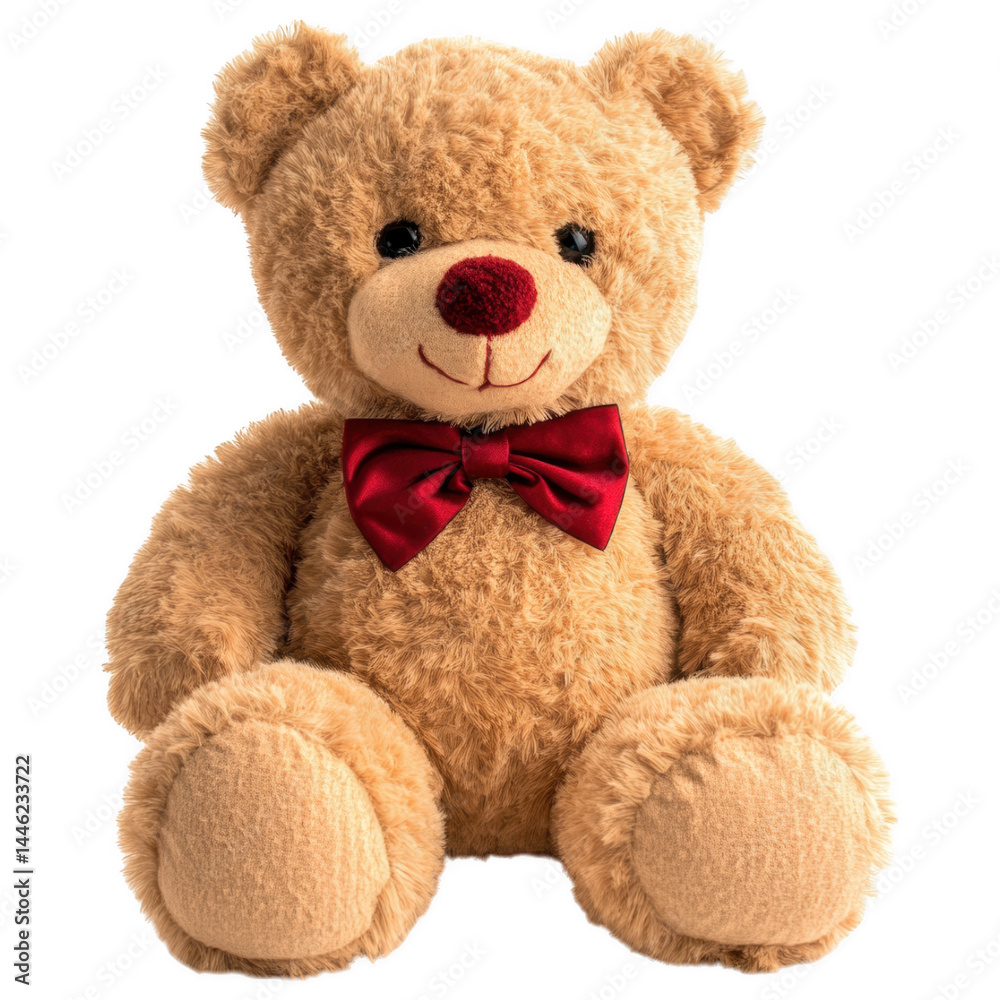 Cuddly Bear with Bowtie: A charming plush teddy bear with a friendly smile, a dapper red bowtie, and soft, inviting fur, perfect for comforting snuggles. Cuddly Bear with Bowtie: A charming plush teddy bear with a friendly smile, a dapper red bowtie, and soft, inviting fur, perfect for comforting snuggles.