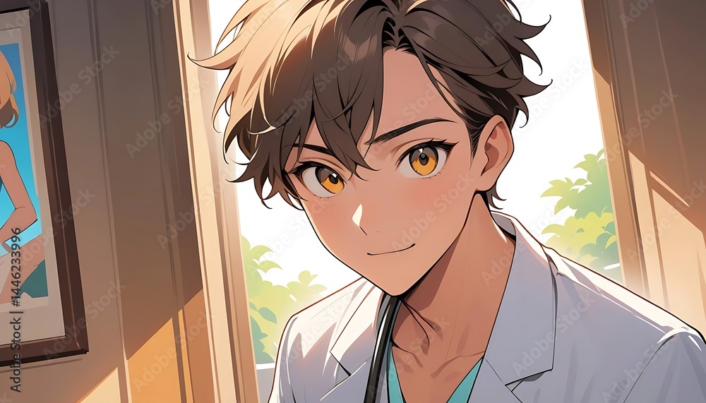 Smiling Anime Character in a Light-filled Room Looking Forward