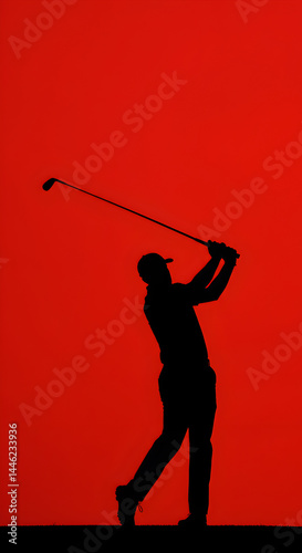 Golfer Silhouette Finishing A Powerful Swing Against Bold Red Background