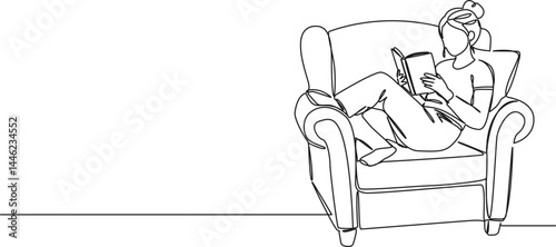 continuous line drawing of woman relaxing on armchair reading book, line art vector illustration