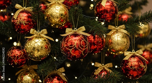 Ornate Red and Gold Christmas Ornaments on a Festive Tree
