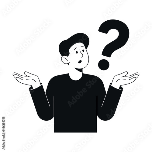 Vector illustration of confused man shrugging with large question mark above head, uncertainty or doubt concept in black and white
