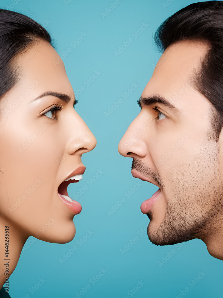 Two individuals facing each other with mouths agape in vocal exchange Two individuals facing each other with mouths agape in vocal exchange