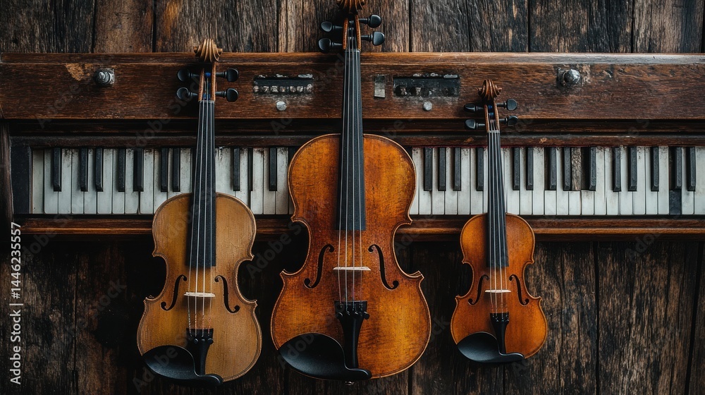 Naklejka premium Three violins and a piano