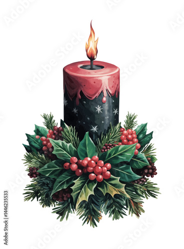 Christmas candle with a burning flame in a festive setting of holly and mistletoe on transparent background