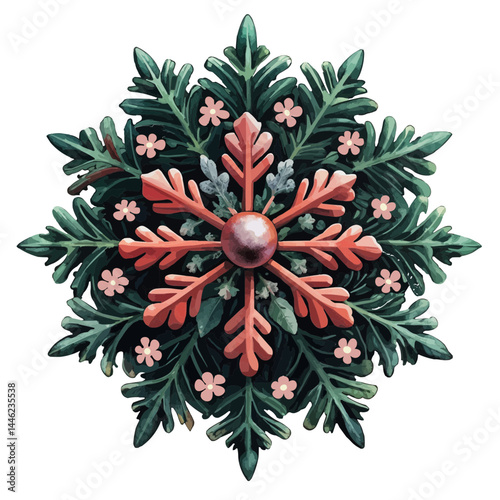 Floral snowflake design with leaves and pink flowers on a transparent background