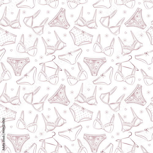 Lingerie seamless pattern of bra types, panties, brassiere. Women underwear background. Cute burgundy red white wallpaper for clothes store. Pattern with female underwear. Line vector illustrations.
