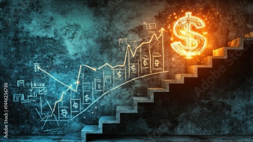 Financial growth depicted by a glowing dollar sign on stairs with financial graphs drawn on a textured wall