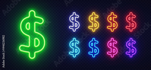 Dollar currency symbol in neon style with colorful variations in rows of glowing lights. Central green icon surrounded by red, blue, purple, and orange designs.