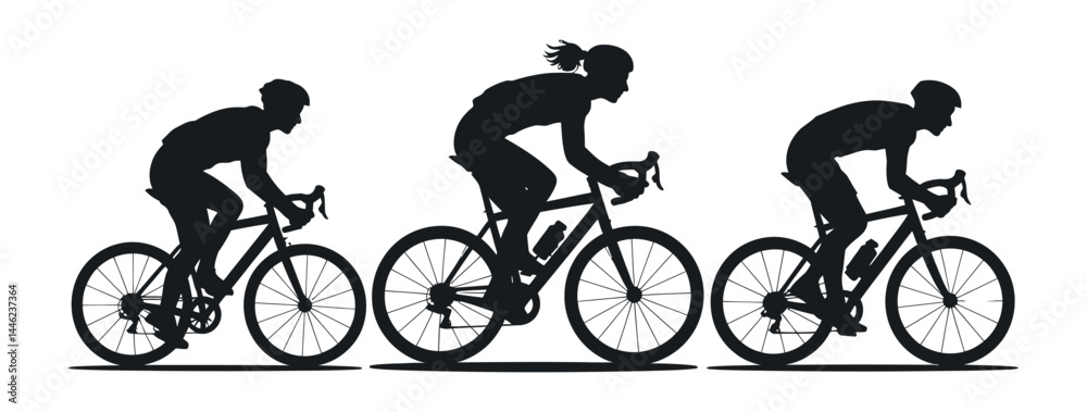 Fototapeta premium Silhouettes of female cyclists in motion, women riding bicycles in aerodynamic posture, sporty racing vector illustration