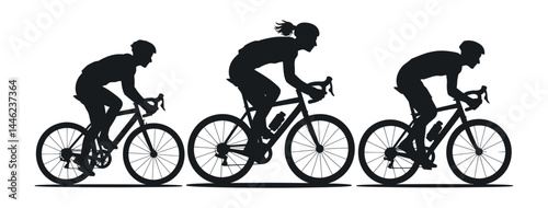 Silhouettes of female cyclists in motion, women riding bicycles in aerodynamic posture, sporty racing vector illustration