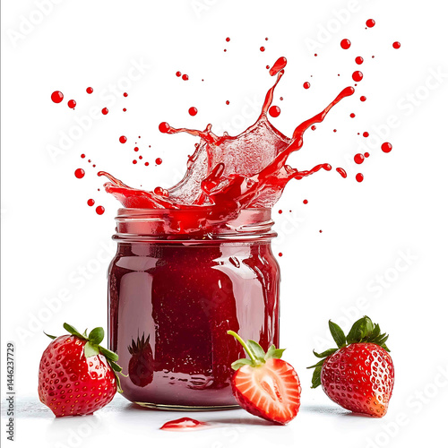 a jar of strawberry jam with strawberrie jam splashing out of the jar with a white background photo