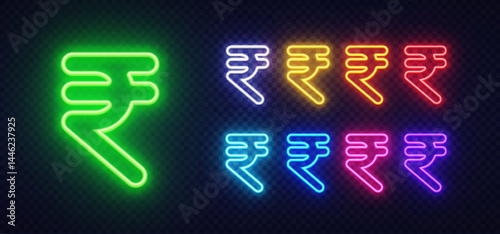 Rupee symbol in neon style with central green figure and glowing colored rows. Surrounding hues include yellow, red, orange, purple, and more.
