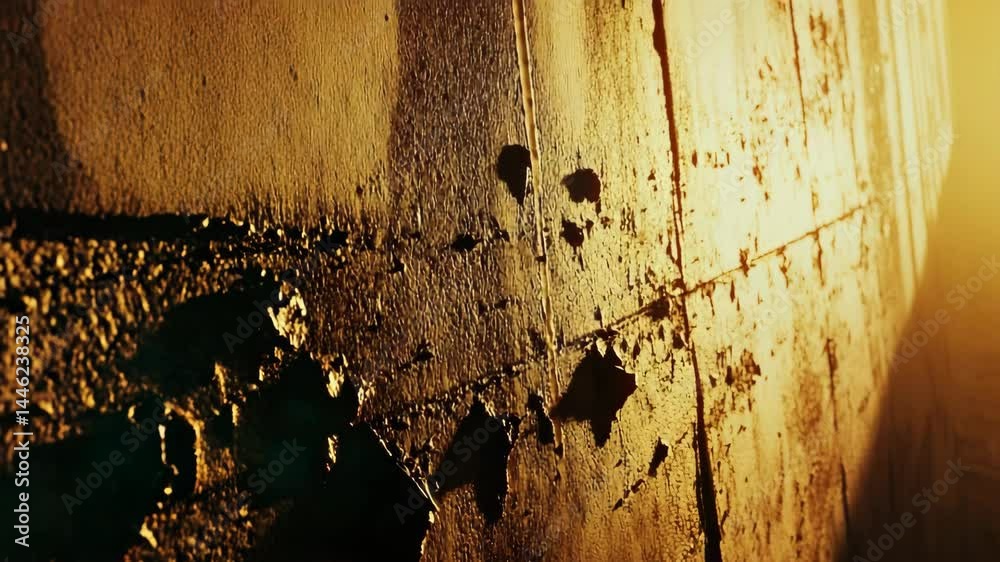 Distressed metal surface in warm light featuring peeling paint and rust creating an industrial and textured background