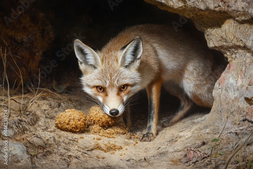 Corsac fox storing food in its cache at sunset in the wild, Corsac fox burying food in cache