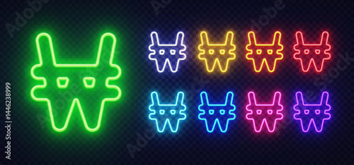Won currency sign in neon with a glowing green core and rainbow-colored companions. Organized rows of light-rich symbols shine on a deep background.