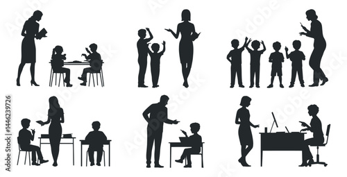 Set of teacher and student silhouette interactions, educational concept vector with children and adults in various learning scenes