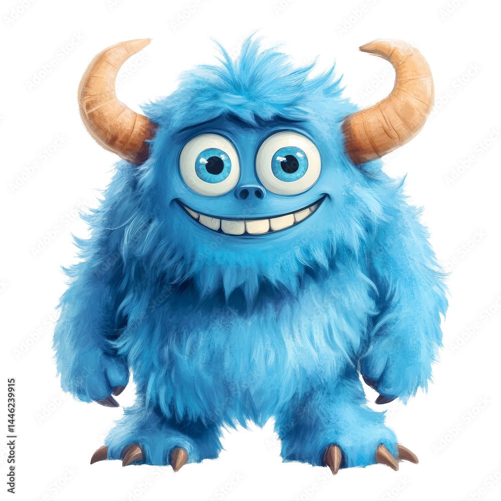 Naklejka premium A cheerful blue furry monster with horns stands proudly on a transparent background, Blue Furry Monster with Horns Cartoon on transparent background