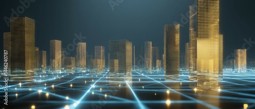 Abstract city skyline with glowing blue network lines against a dark background.