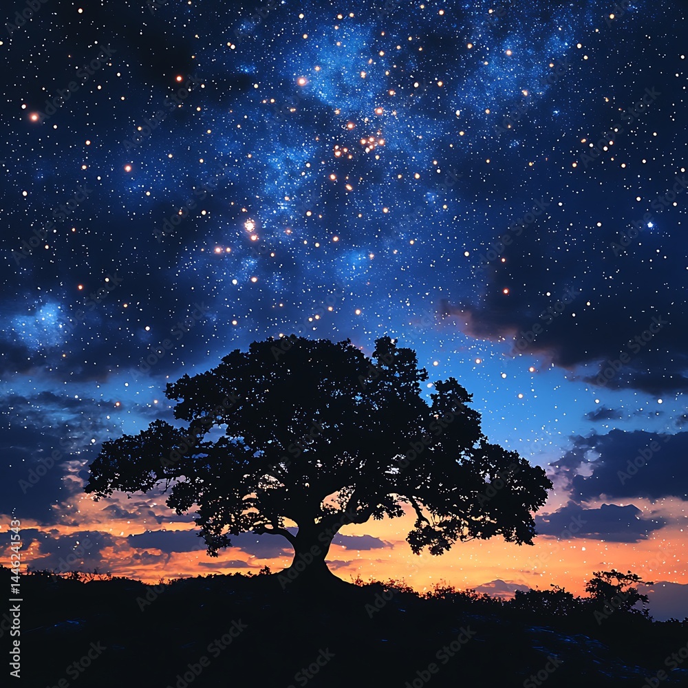 Solitary tree silhouetted against vibrant, starlit night sky