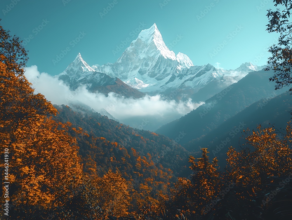 Majestic snow-capped peak, autumn foliage