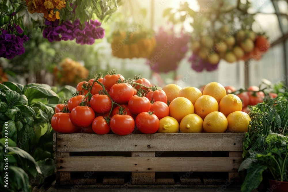 A wooden crate overflowing with ripe red tomatoes and bright yellow lemons, surrounded by lush greenery. A wooden crate overflowing with ripe red tomatoes and bright yellow lemons, surrounded by lush greenery.