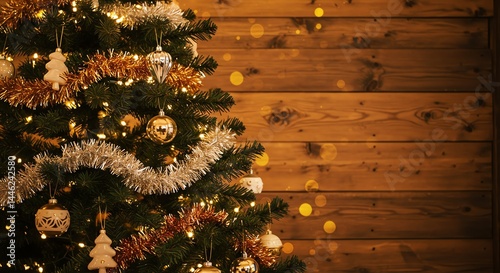 Ornamented Christmas Tree: Warm Festive Lights and Rustic Wood