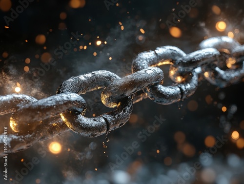 Close-up of a metallic chain with sparks and smoke, symbolizing strength and resilience