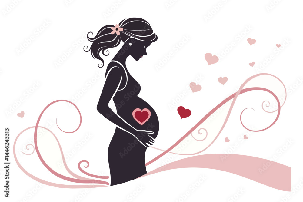 Mother’s Day Silhouette Vector of Pregnant Woman with Baby Bump, Heart, and Family Love – Motherhood Illustration for Greeting Cards and Emotional Design