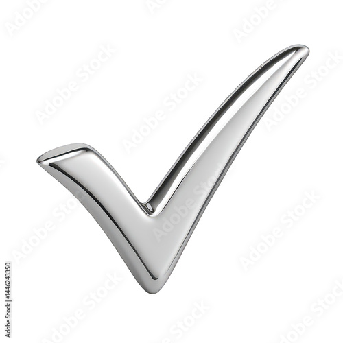 A three-dimensional check mark with a polished metallic finish, indicating success, approval, or truth.