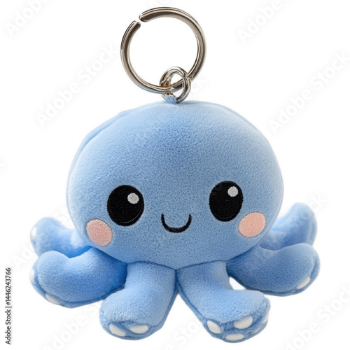 Keyring Octopus: A close-up, studio shot of a plush, blue octopus keyring. This charming and delightful soft toy features a smiling face and inviting aesthetic.