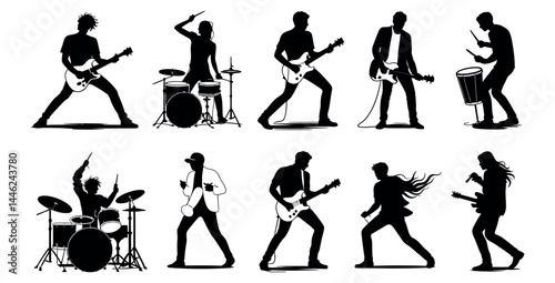 Silhouettes of rock band musicians playing instruments including guitar, drums, and mic, energetic concert performance vector illustration on white background