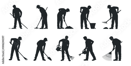 Set of silhouettes of workers performing cleaning and maintenance tasks with brooms, mops, and tools, vector illustration on white background