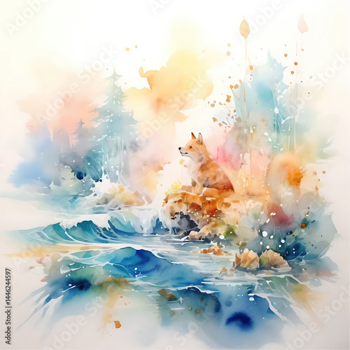 Ethereal, autumn colored landscape with a dog by small waterfalls, against a white background, watercolored splashing technique