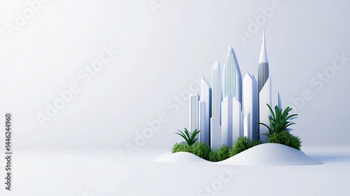 Abstract white buildings stand on a small mound surrounded by green plants against a bright background, creating a futuristic cityscape.