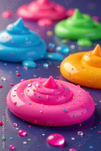 Set of colorful slime dribbles on sparkly surface, sparkly, vibrant, colorful
