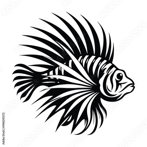 Striking Lionfish Illustration, Monochrome Tropical Sea Creature with Bold, Elegant Spines