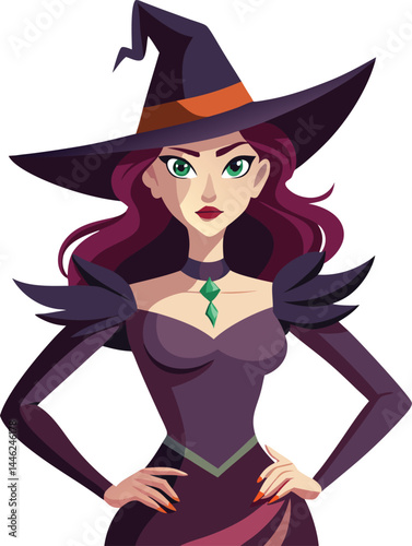 Enchanting Witch: A captivating illustration of a mystical witch, dressed in a stylish black dress and a pointed hat, embodying charm and allure.