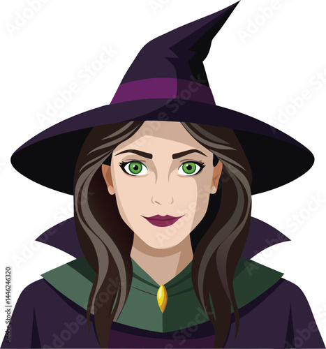 Enchanted Witch Portrait: A bewitching portrait of a young witch with long, flowing hair, piercing green eyes, and a mysterious smile, wearing a classic pointed hat and a flowing purple gown.